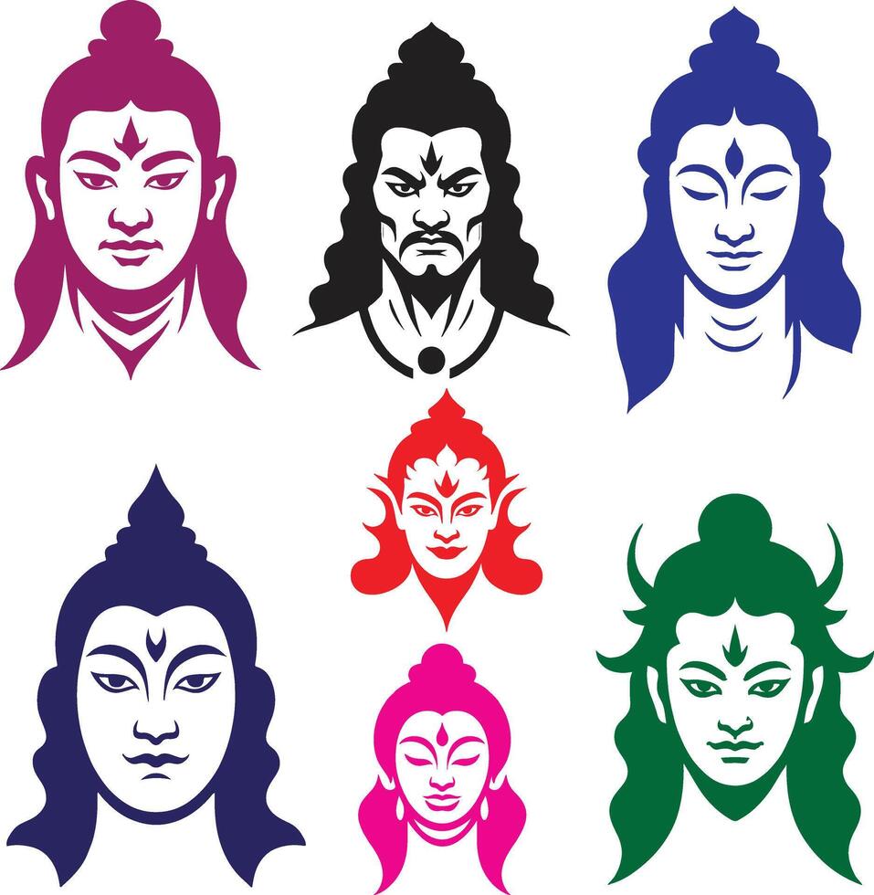 various hindu god heads and faces vector