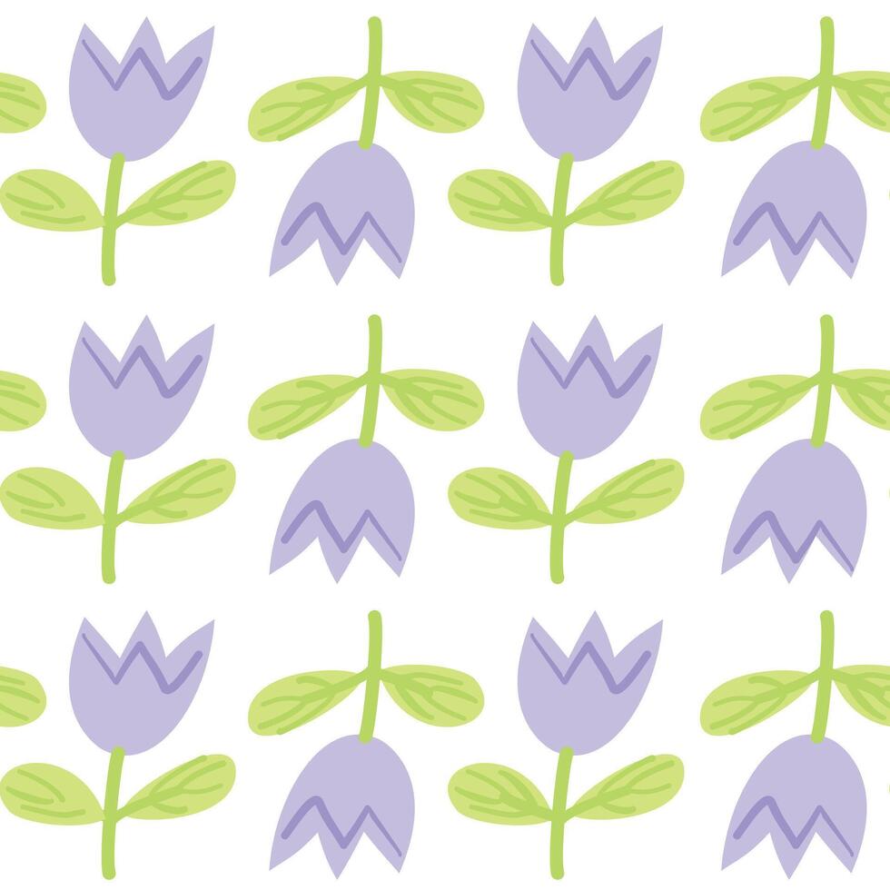 White background with a repeating pattern of purple flowers and green stems, perfect for floral-themed decor and crafts. vector