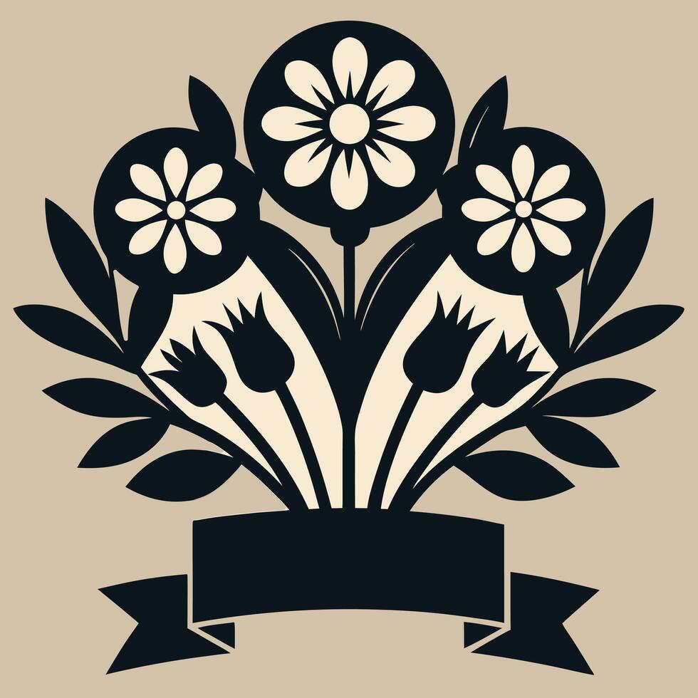 Silhouette floral bouquet in black and white style. vector