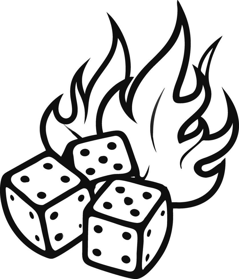 Flaming dice illustration black and white. vector