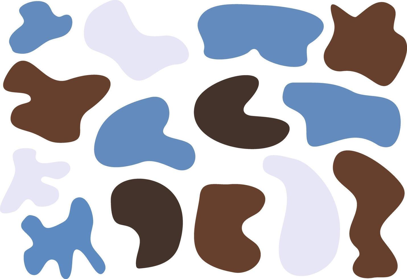 Cool tone abstract shapes, scribbles, blots and doodle figures. Blue, lilac, brown spots vector