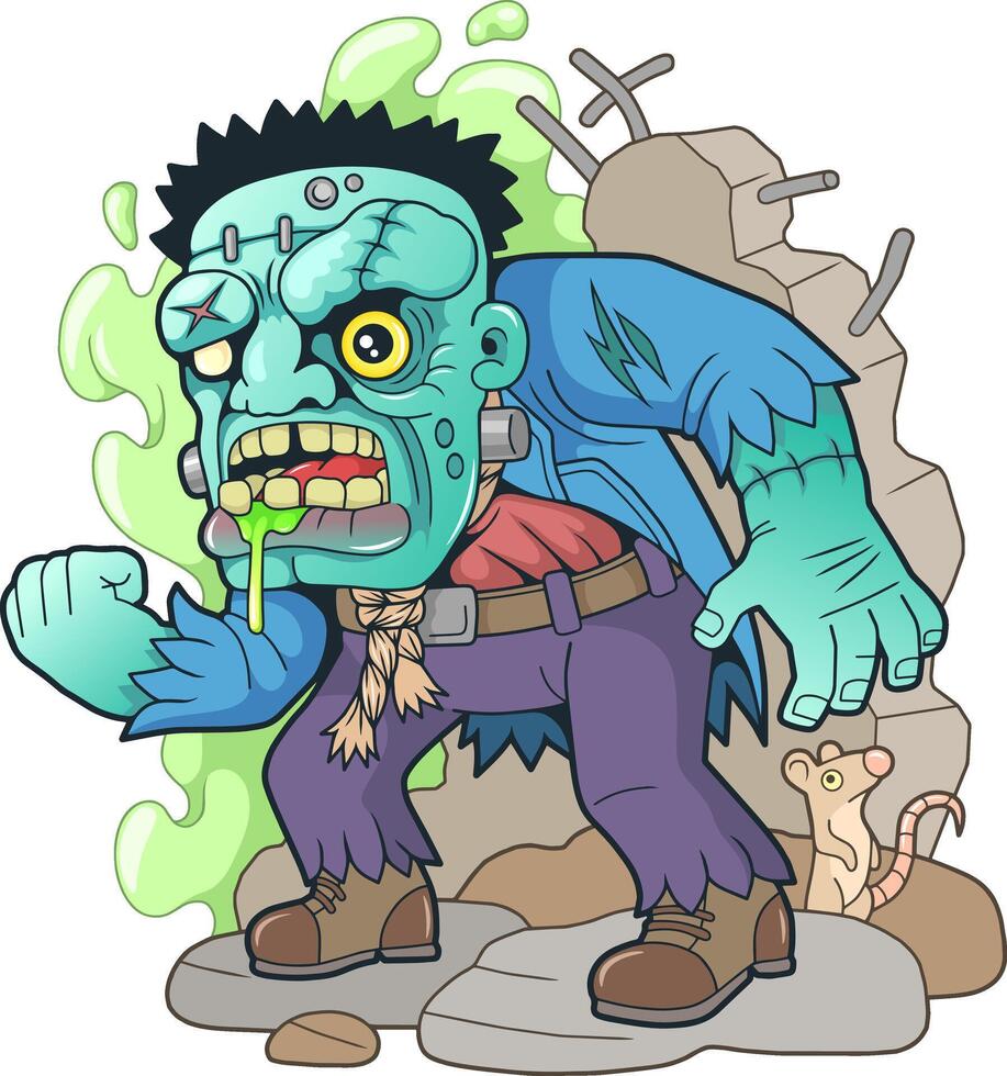 Cartoon Zombie Breaking Through Wall with Rat vector