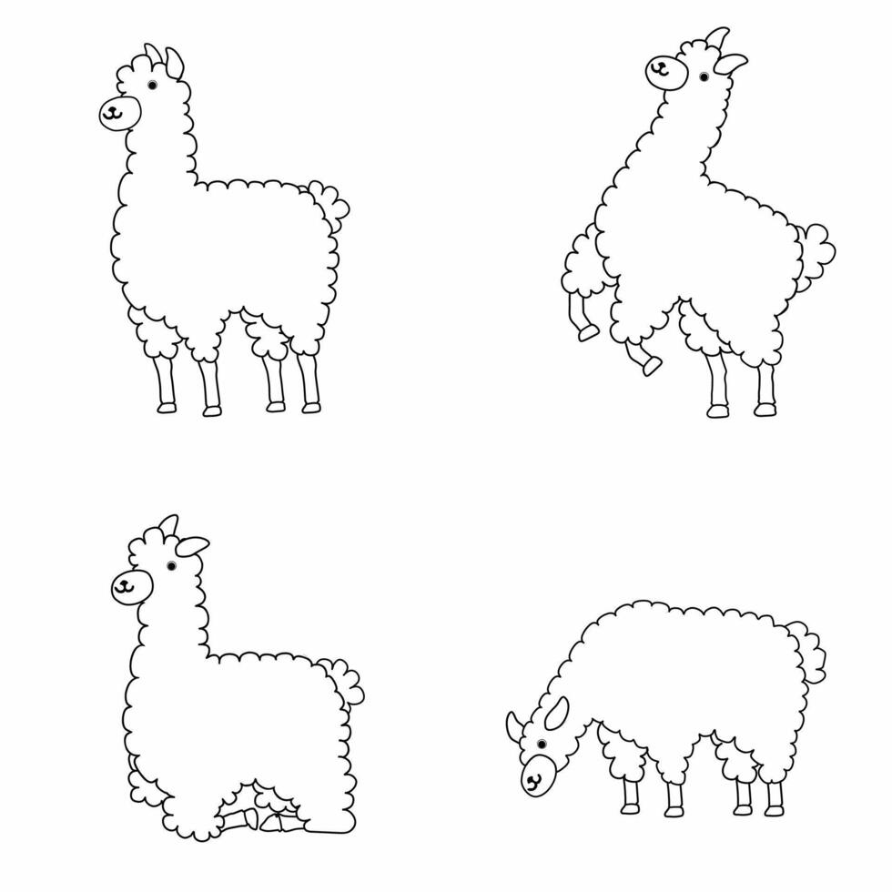 Line art or outline cute cartoon alpaca coloring set for kids. Perfect for educational worksheets, coloring books, preschool activities, and fun animal themed learning resources. vector