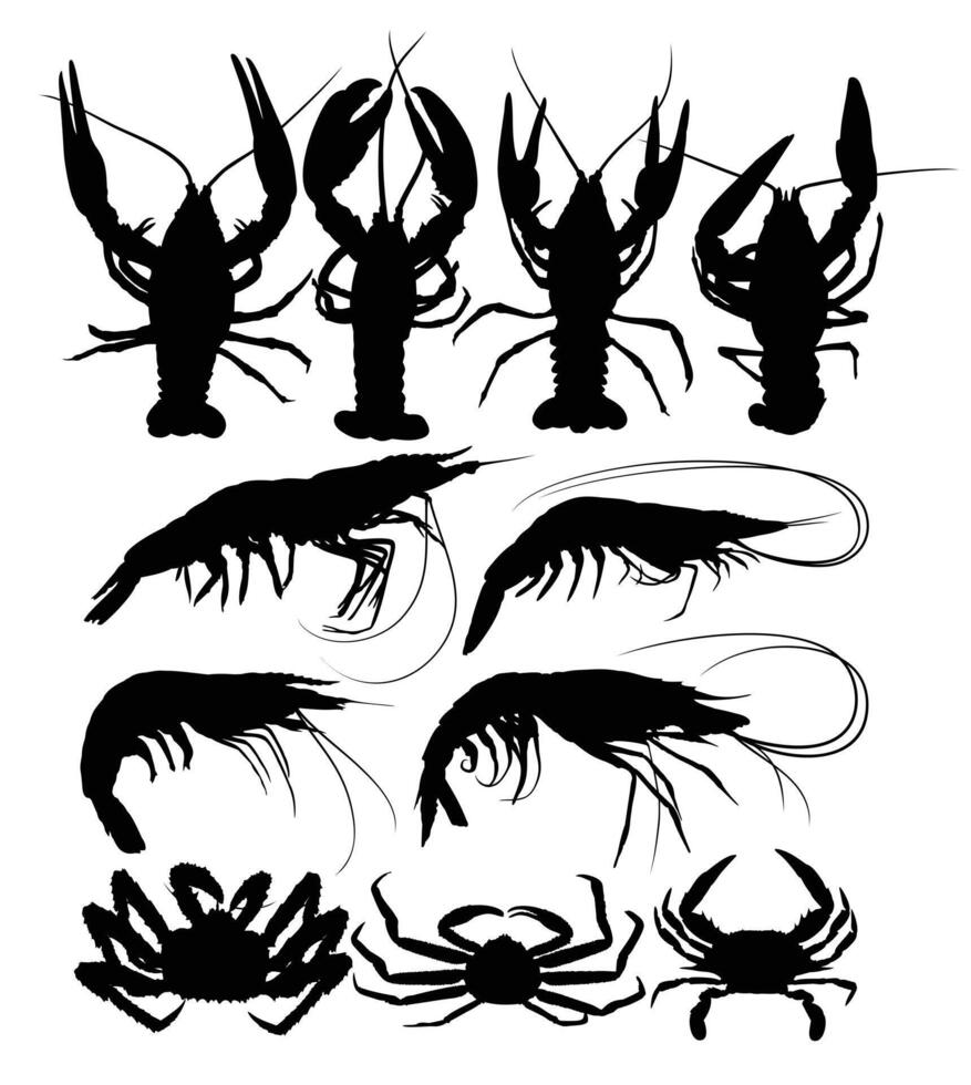 A set of silhouettes of crabs, crayfish and shrimp. vector