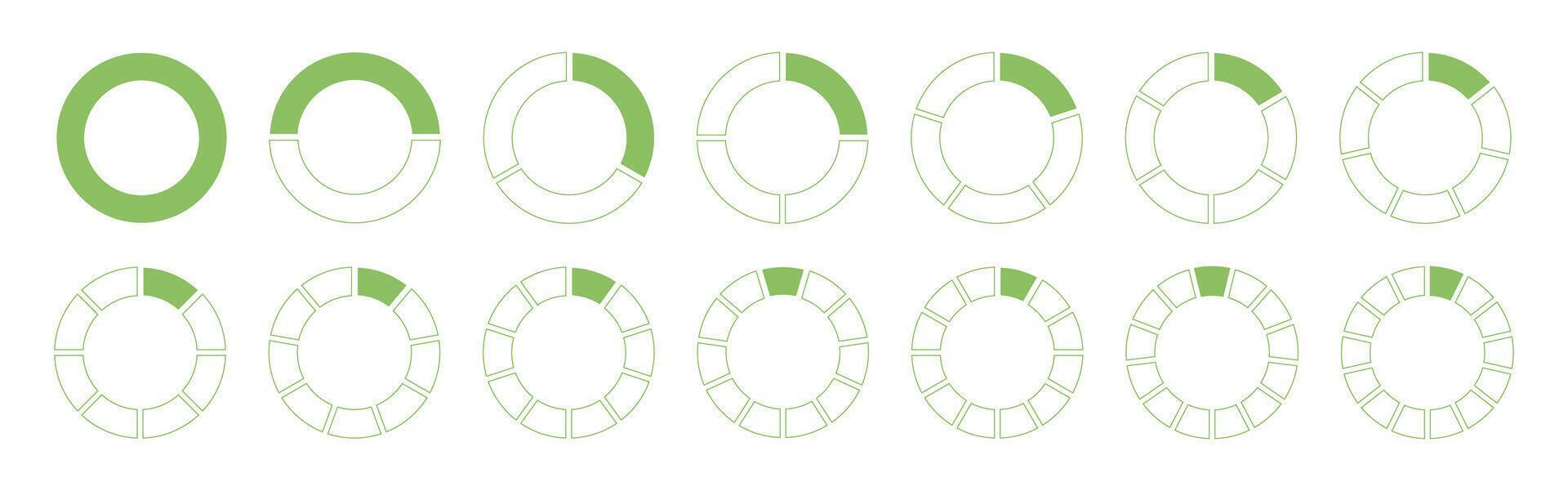 Circles divided diagram 1, 2, 3, 10, 7, 8, 9, 10, 11, 12, 14 equal parts. Coaching blank. Round template. Graph pie, pizza shaped sectional charts. Segmented green wheels icons. Divide infographic. vector