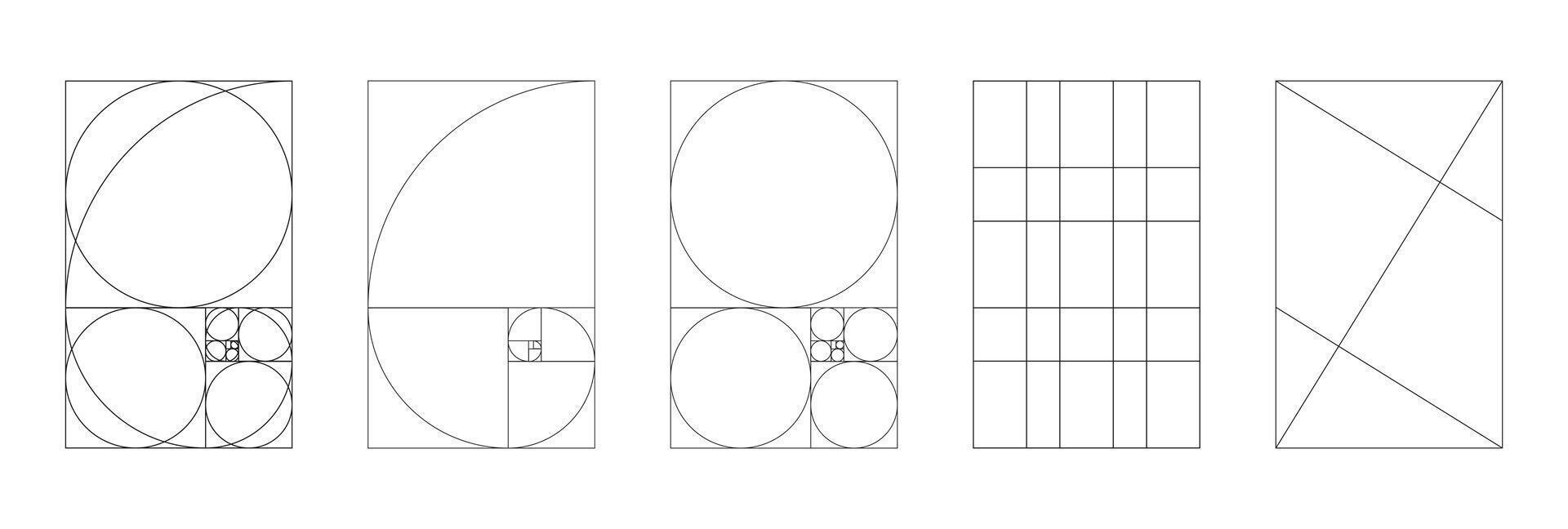 Set of Golden ratio flat template. Method golden section mockup. Fibonacci array, numbers shapes. Harmony minimal proportions. Outline graphic illustration. vector