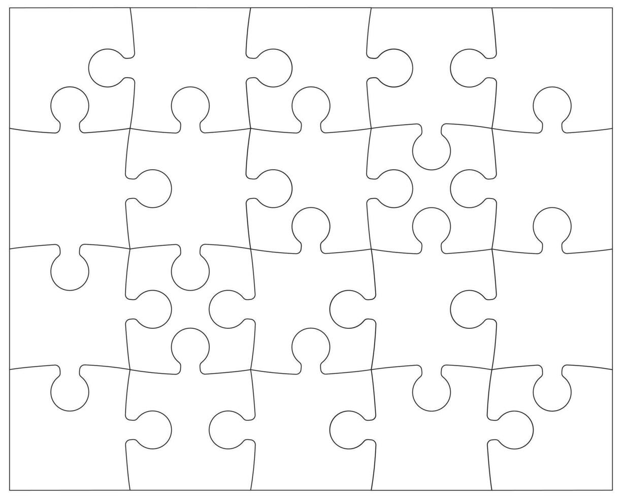 Puzzle pieces rectangle printable contour isolated on a white background. Jigsaw puzzle game template with angles. Outlines puzzle pieces, adjustable and editable minimalist mockup. vector