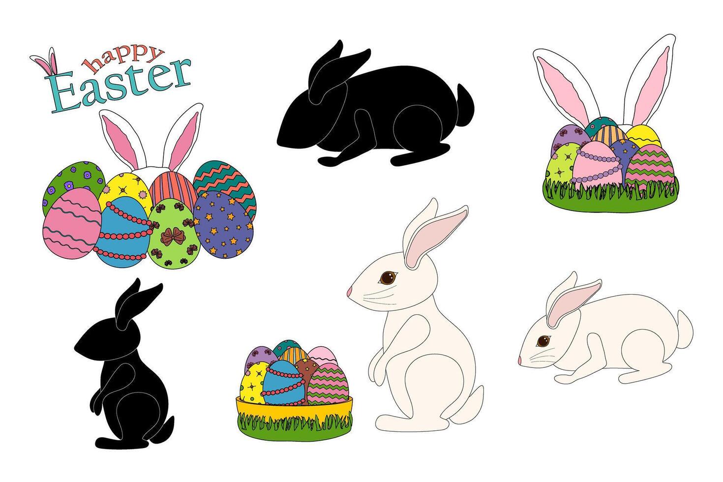 A collection of Easter themed illustrations featuring white bunnies, set decorated painted Easter eggs, black rabbits silhouettes, and - Happy Easter - text. vector