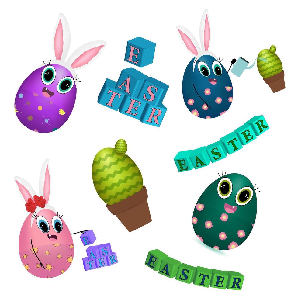 Colorful set Easter themed illustration featuring anthropomorphic characters - decorated Easter eggs toddler with bunny ears, playful expressions, cactus, and letter blocks spelling EASTER. vector