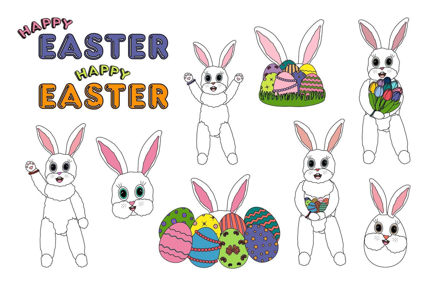 A festive Easter set featuring adorable anthropomorphic, characters white Easter bunnies, stack ornate eggs, spring flowers tulips, and - Happy Easter - text. vector