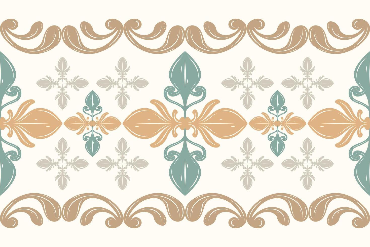 Fabulous Elegance Intricate Luxury Pattern with Golden Green on Light Cream Background. Exquisite Traditional Medieval Rich Haute Couture for Expensive Decoration Wallpaper Stripe Scarf Branding Lace vector