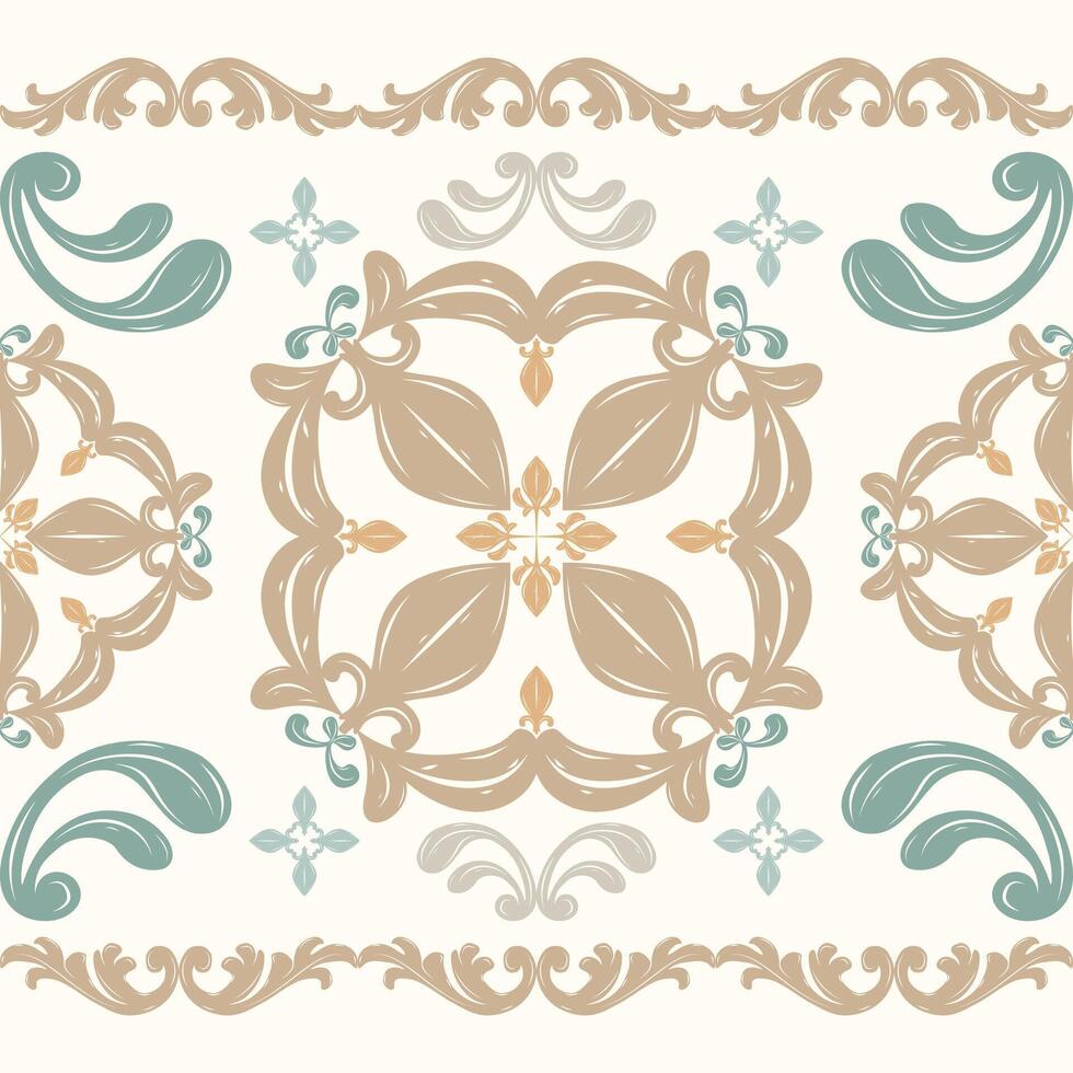 Traditional Fine Arts Elaborate Scroll Ornament with Victorian Blooming with Golden Green Element on Cream Background. Royal Elegance Rich Pattern Border Florals Leaves Buds Nature Wallpaper Interior vector