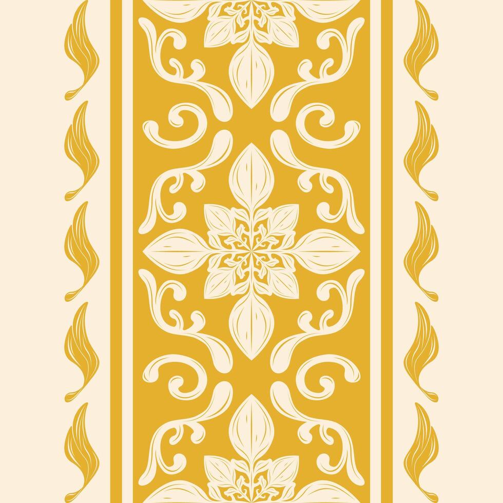 Exotic Gold Element Scroll Florals Leaves and Wines Nature Inspired Elegance Border Pattern on Beige Background. Delicate Arranged Elaborate Rich for Prints Textiles Traditional Silk Unique Art Work vector