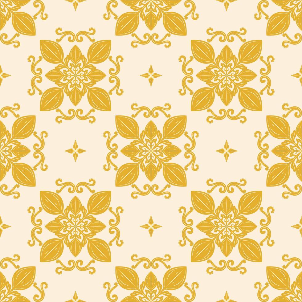 Elegant Medieval Royal Gold Ornate Scroll Repeat Seamless Pattern on Light Cream Background. Luxury Baroque Monogram Florals for Expensive Decoration Embroidery Silk Fabrics Textile Interior Wallpaper vector