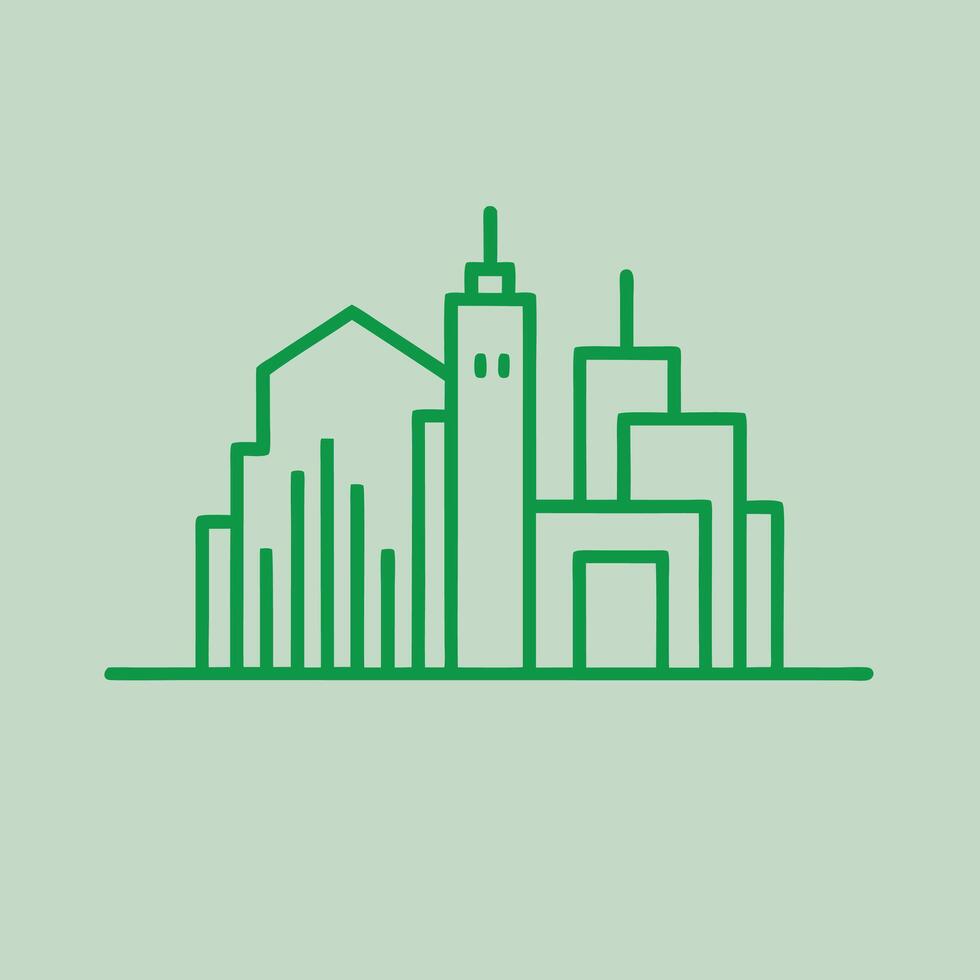 minimalist city skyline, green line art, urban landscape icon, simplified architecture, geometric shapes, skyscrapers, modern design, clean aesthetic, pastel green background vector