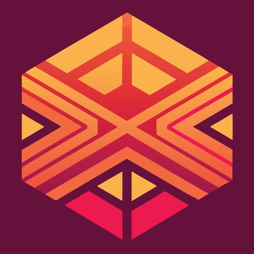 geometric abstract, hexagon shape, isometric design, warm colors, orange and red gradients, minimalist artwork, symmetrical pattern, graphic design, flat illustration vector