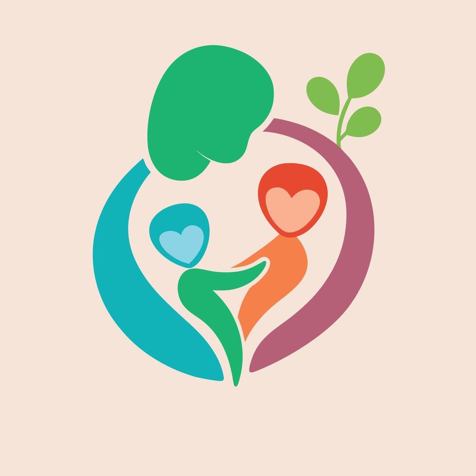 Abstract logo, family care, parent and child, organic shapes, heart symbols, nurturing embrace, vibrant colors, green blue orange purple, minimalist design, curved lines, leaf motif, unity, love vector