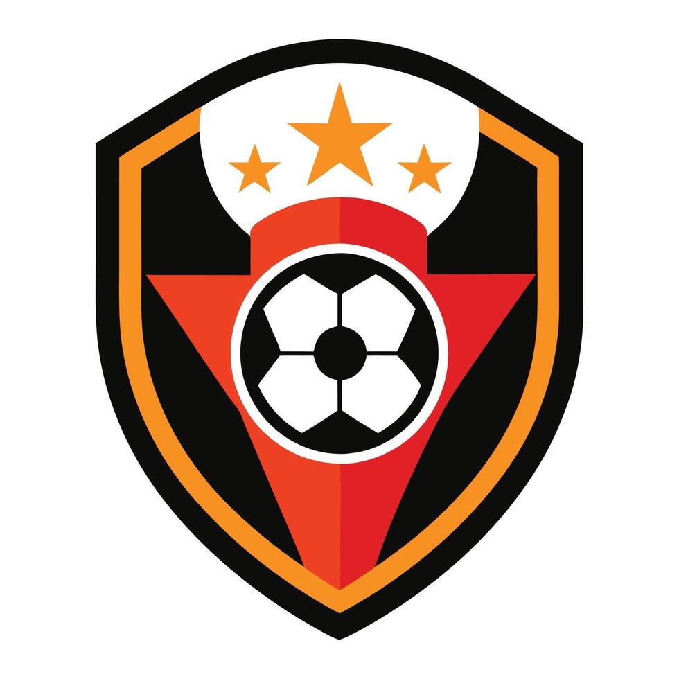 Soccer team logo, shield shape, black background, red triangle, white soccer ball, orange stars, geometric design, sports emblem, minimalist style, bold colors, graphics vector
