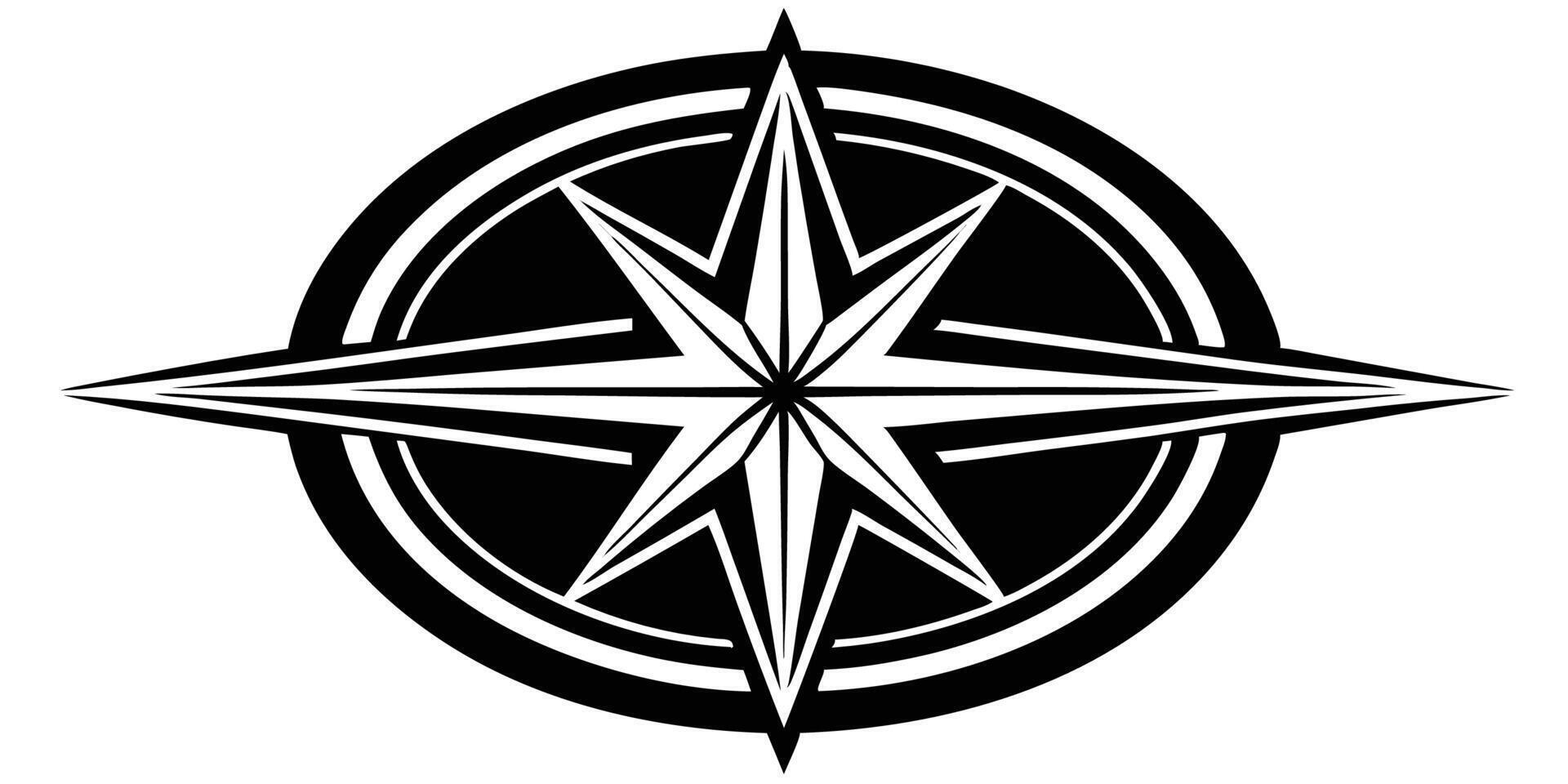 Black and white logo, compass rose design, eight-pointed star, elliptical shape, geometric pattern, nautical symbol, sharp angles, minimalist graphic, bold contrast, symmetrical composition, art vector