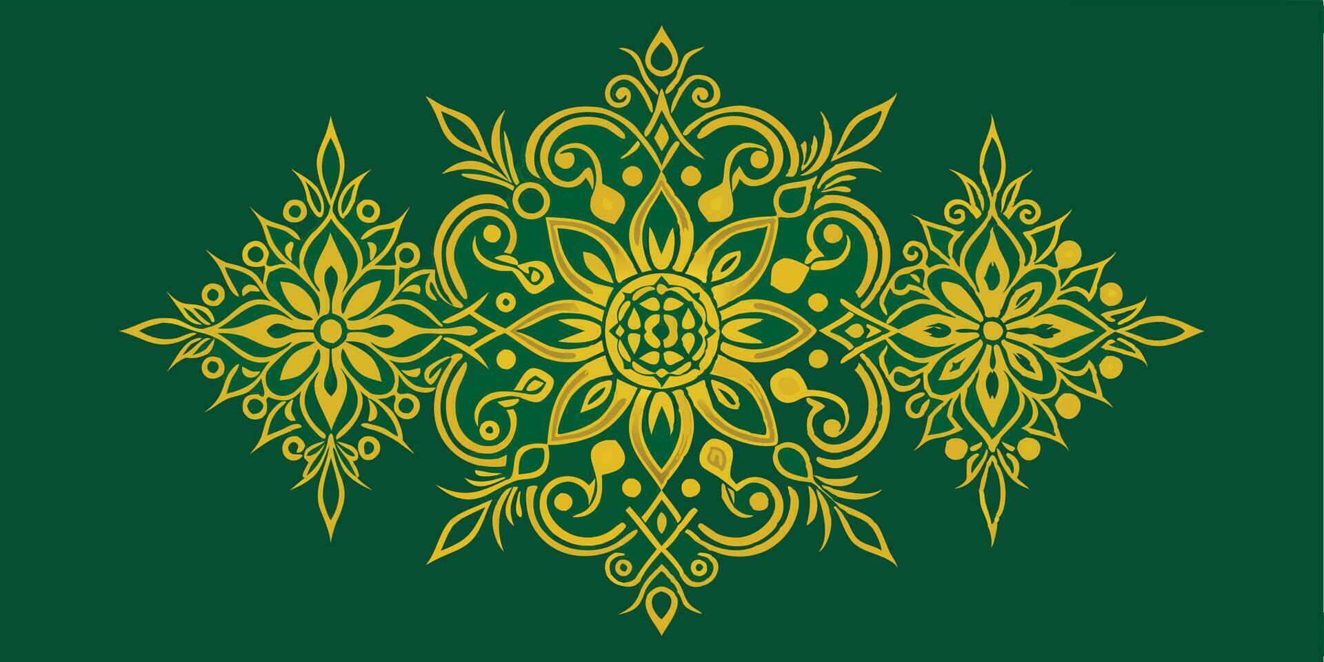 Intricate golden mandala pattern, emerald green background, symmetrical floral design, ornate Victorian motif, detailed filigree, Middle Eastern inspired vector