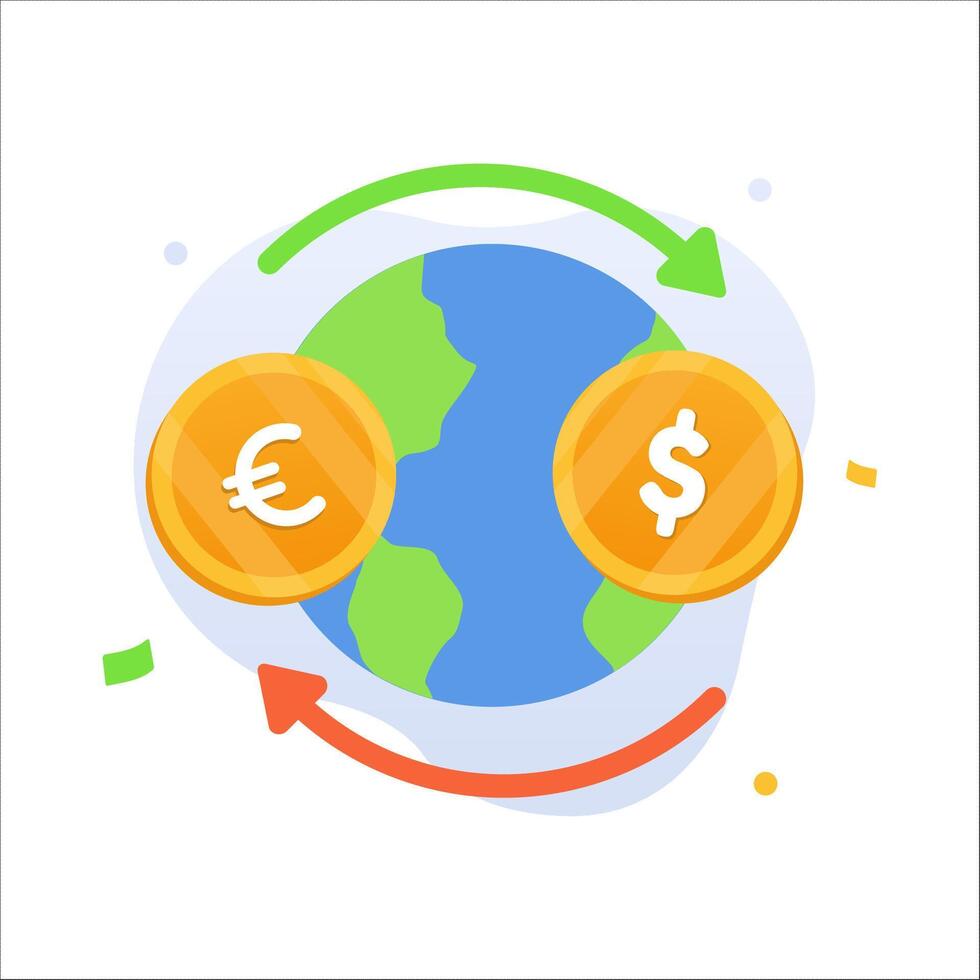 World money Currency exchange illustration concept. Euro coin and dollar coin money with a double arrow and earth in the background. Financial concept illustration. suitable for UI illustration vector