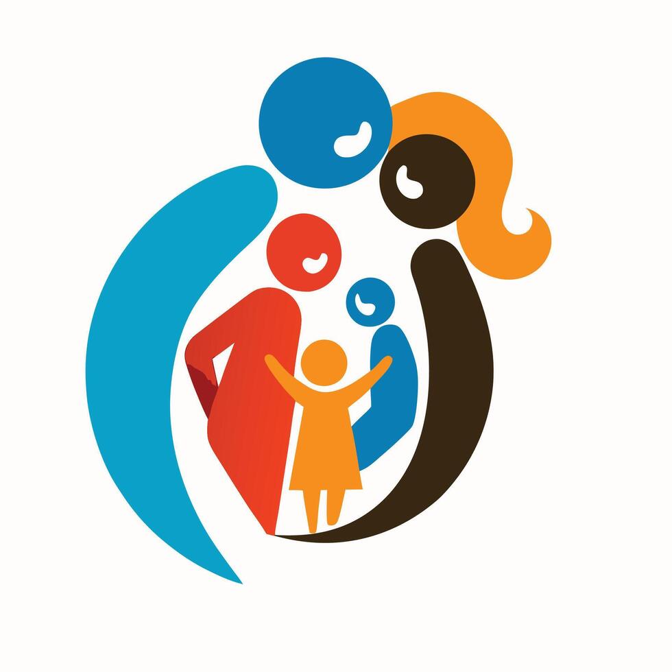 Abstract family logo, minimalist design, colorful shapes, geometric figures, stylized human forms, interconnected silhouettes, blue red orange black, unity symbol, modern graphic art vector