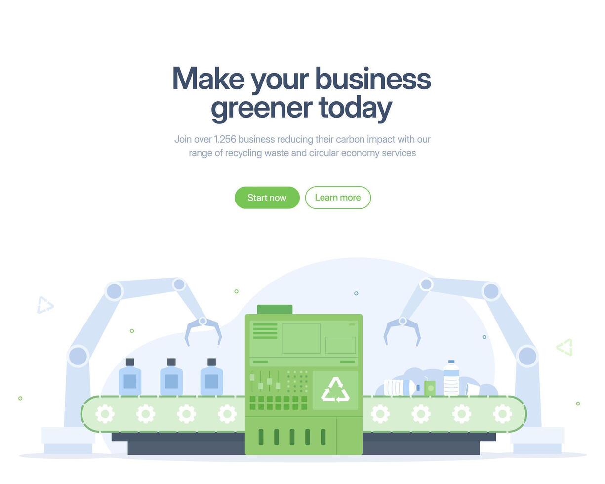 Recycle machine with robotic arms sorting bottles on a conveyor belt. Suitable for environmental landing page, automation, recycling, technology-related concepts. vector