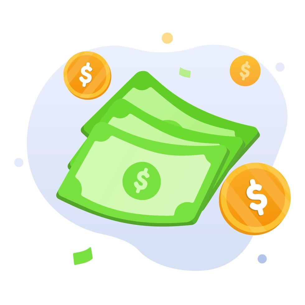 Three paper dollar money and dollar coins around it. Business and finance success concept. Finance concept editable illustration. suitable for UI illustration, presentation, or many others. vector
