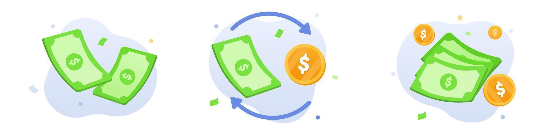 Double paper dollar with other small paper around it. Three paper dollar money and dollar coins around it. Money cycle, currency exchange, money flow illustration concept vector