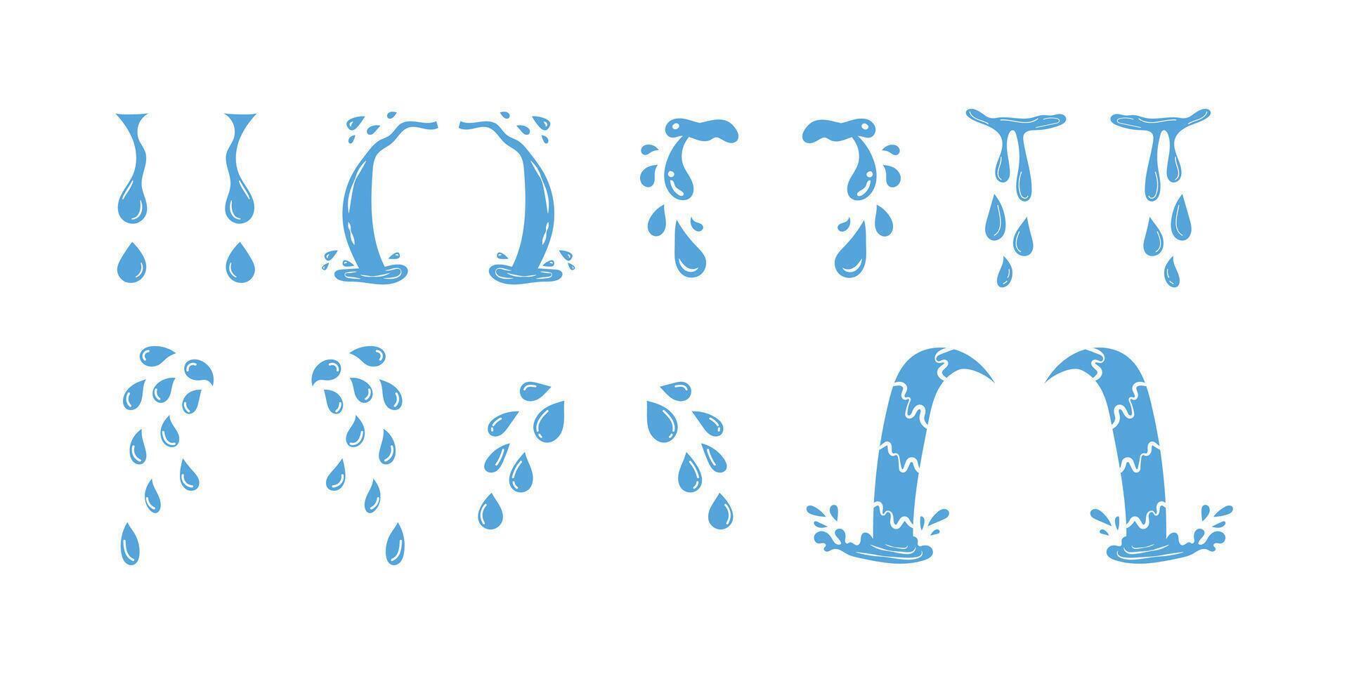 Set of blue cartoon characters expressing sadness with crying emotions vector