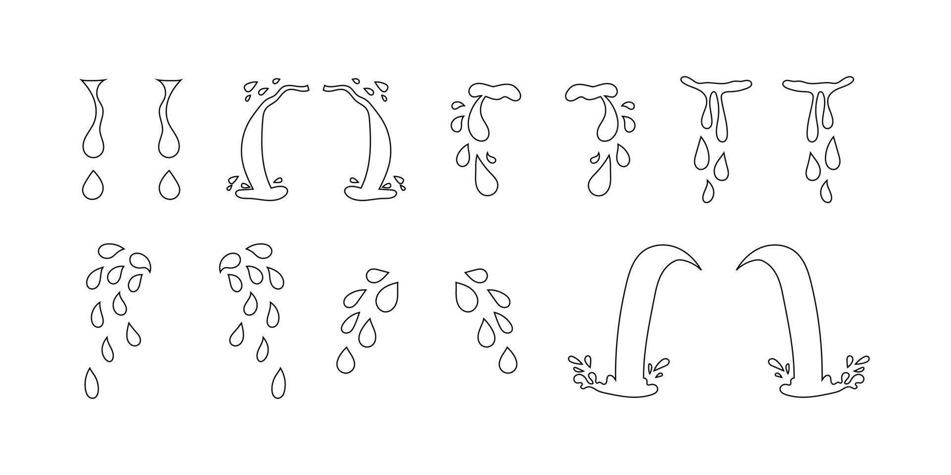 Black outlined cartoon characters showing sad and crying emotional faces vector