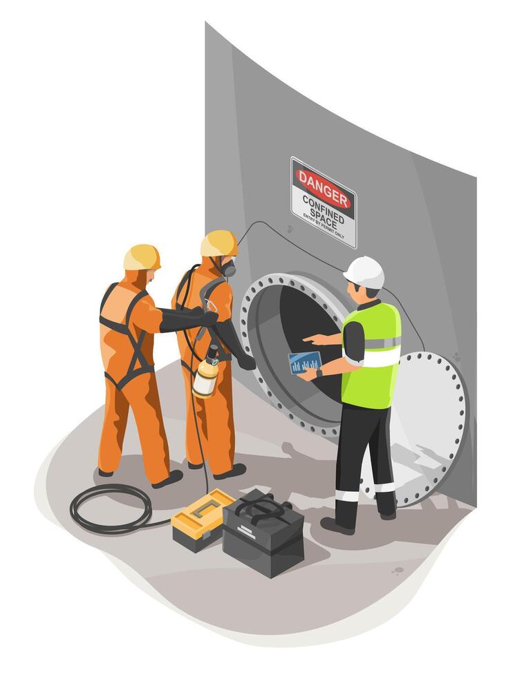 Industrial workers conducting safety inspection before entering confined space inside a large tank under supervisor guidance isometric cartoon vector
