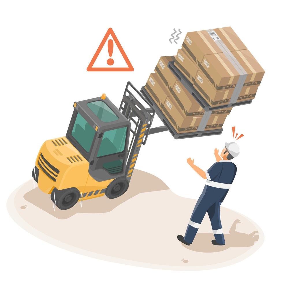 Industrial workplace accident risk with overloaded forklift and shocked worker in unsafe cargo handling situation isometric cartoon vector