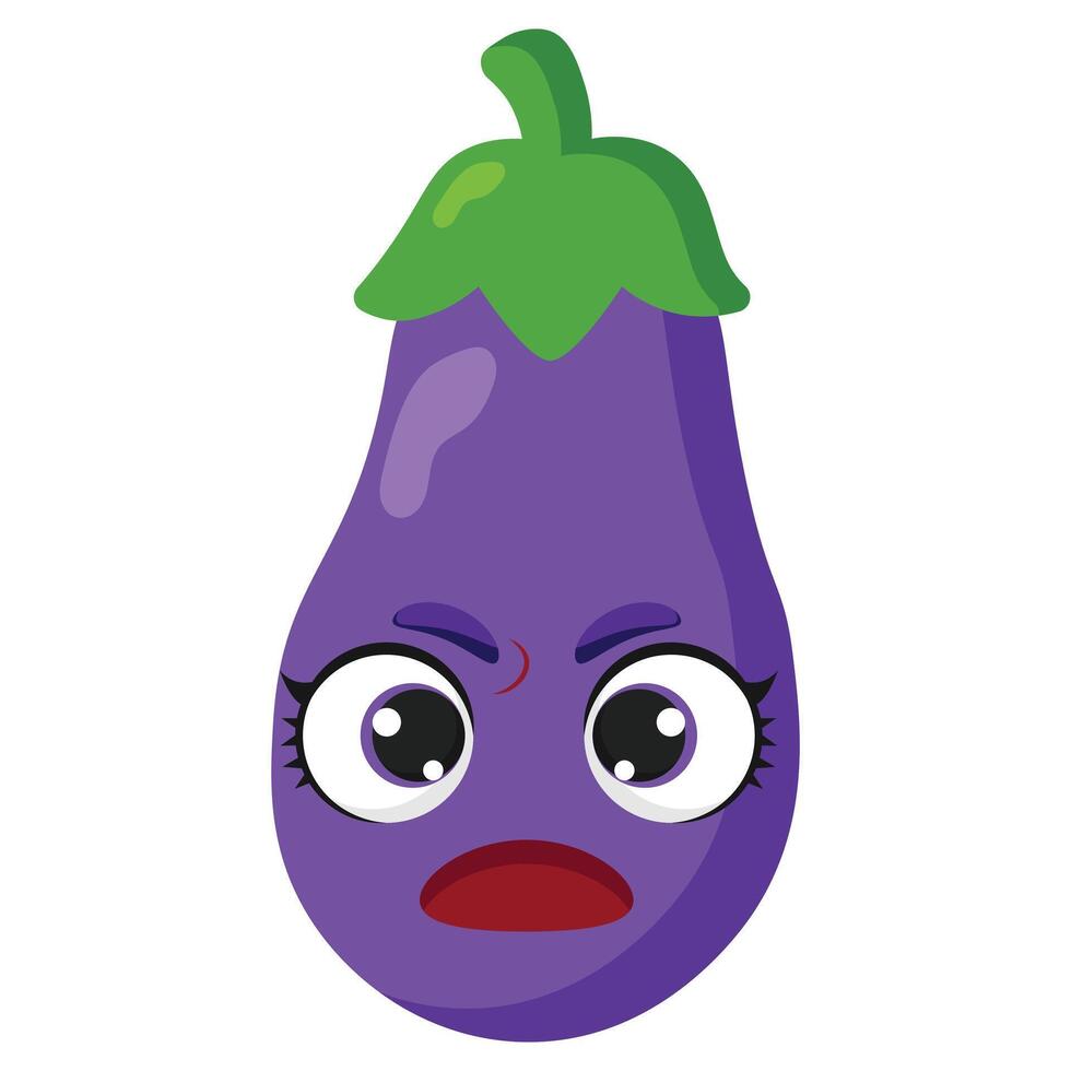 Funny purple eggplant character with angry facial expression and big eyes, ideal for healthy food content, kids projects, and educational materials vector