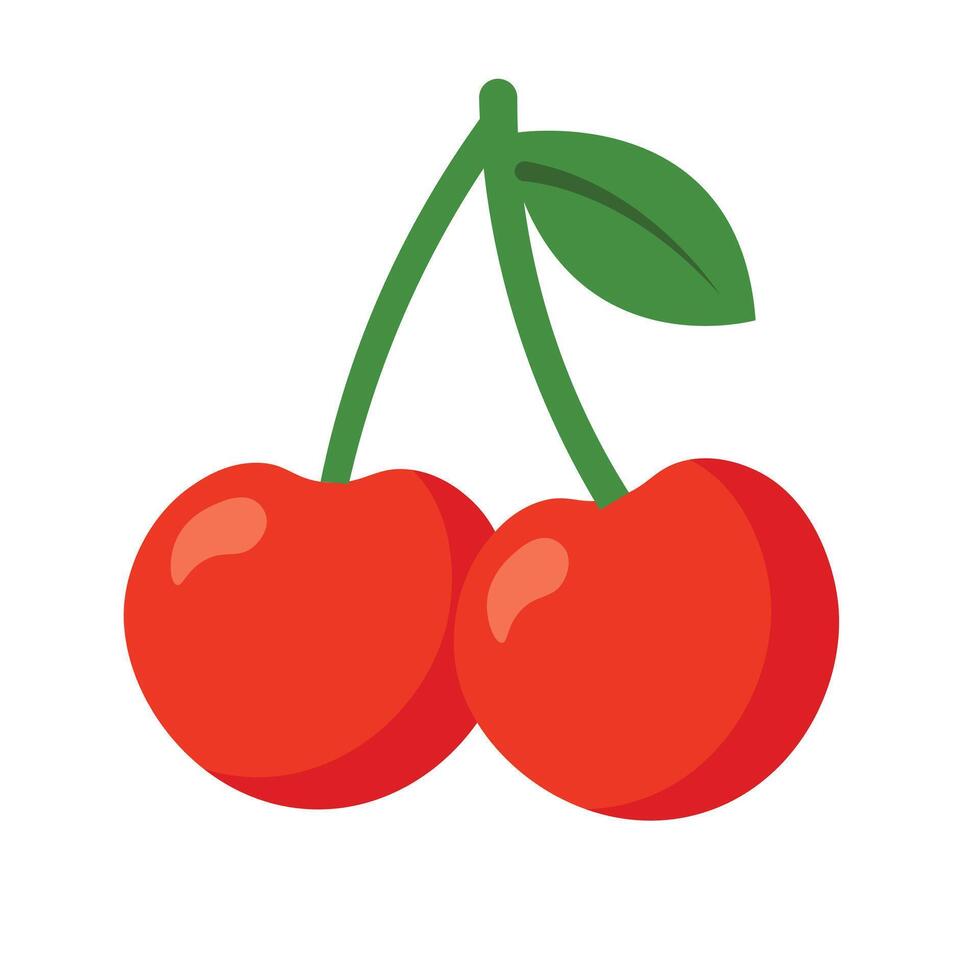 Bright red cherries with green leaf on white background, ideal for packaging, summer designs, healthy eating visuals and fruit-themed compositions vector