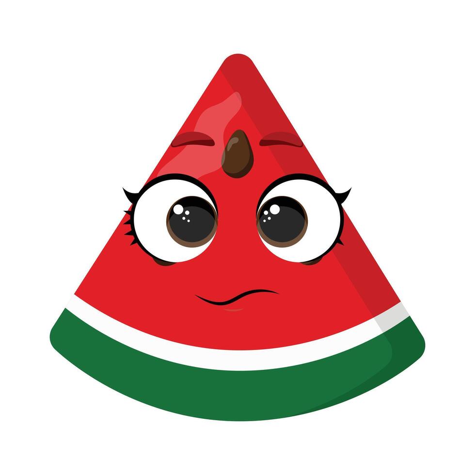 Cute watermelon slice with shy expression and big eyes, perfect for summer projects, childrens materials, food packaging and playful illustrations vector