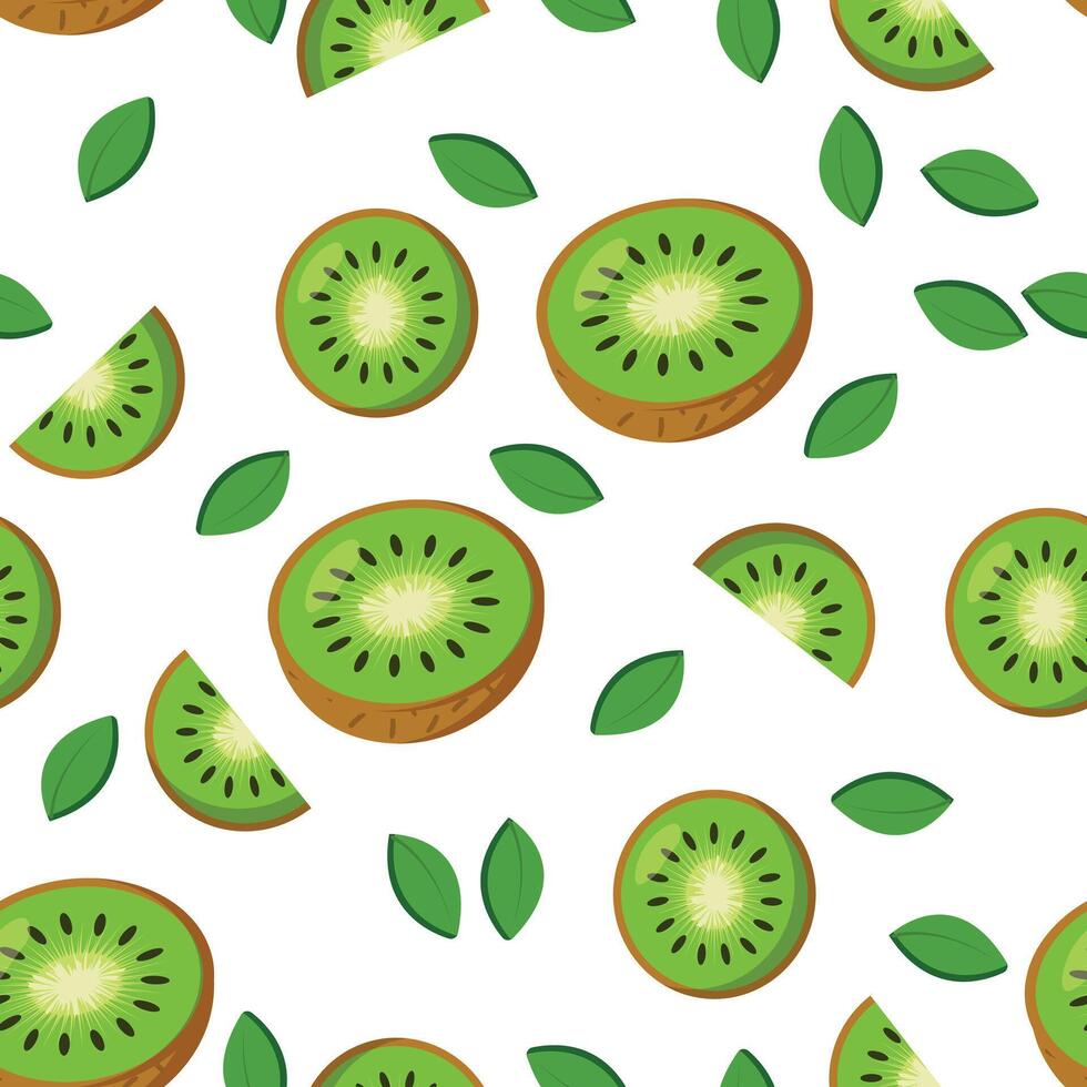 Seamless kiwi pattern with green slices and leaves on a white background. Perfect for packaging, textiles, wallpapers, and summer-themed projects vector