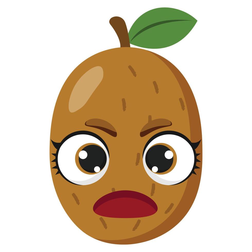 Cute cartoon kiwi fruit with angry facial expression, large eyes, and a green leaf. Perfect for food-themed designs, kids content, or expressive emoji-style illustrations vector