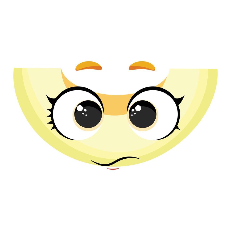 Cute melon slice with shy expression and big round eyes, ideal for childrens products, summer branding, packaging, posters, and playful design projects vector