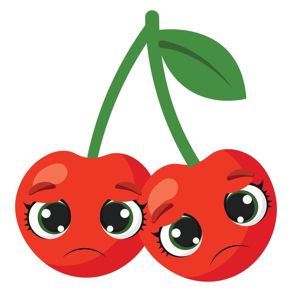 Two sad red cherries with expressive eyes and green stem, ideal for emotional designs, healthy lifestyle projects, kids content, and fruit illustrations vector