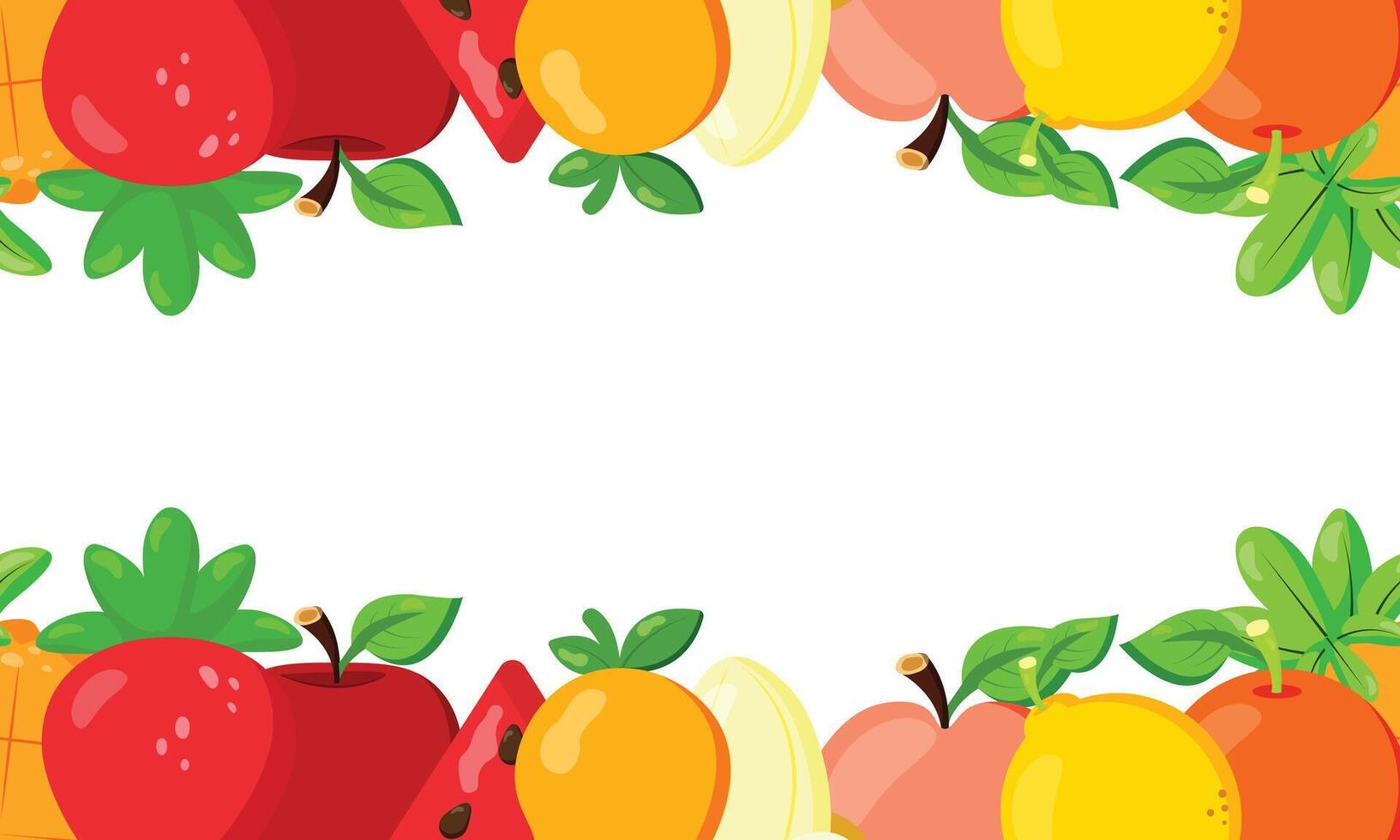 Bright horizontal fruit border with apples, bananas, oranges, and berries. Ideal for food packaging, summer promotions, juice ads, or kids party invitations vector