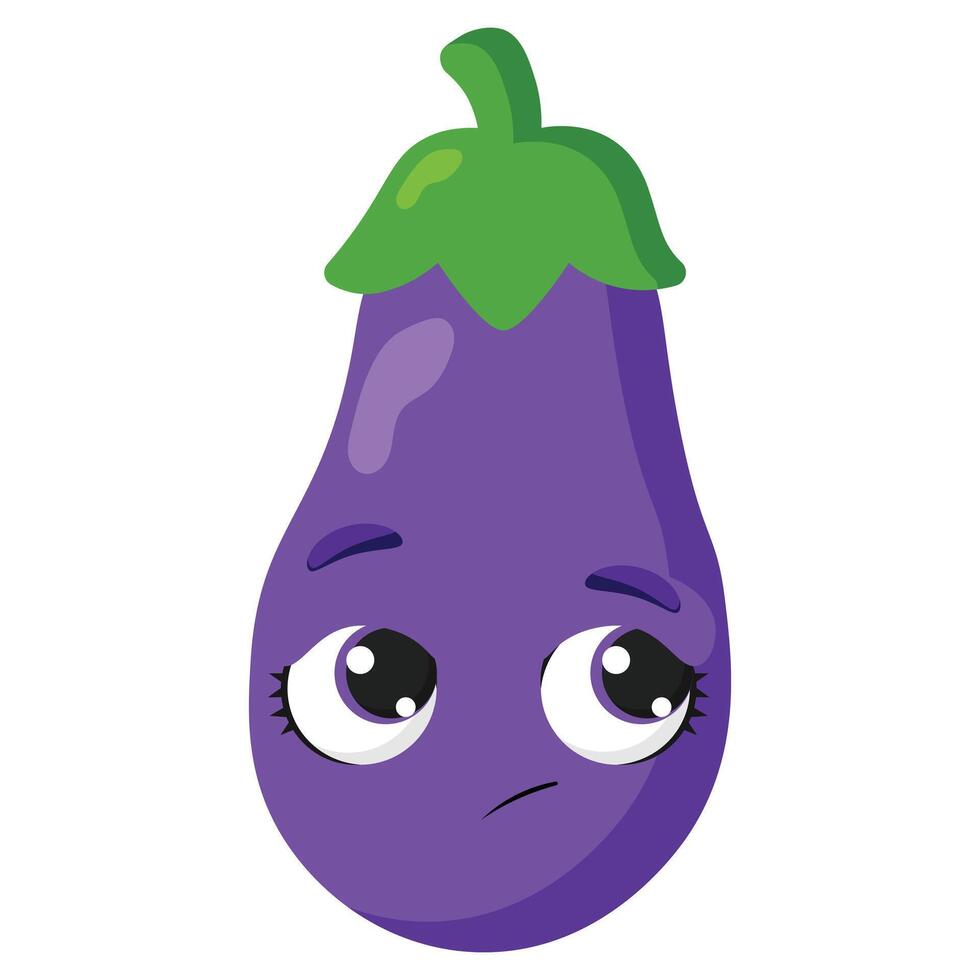 Sad eggplant character with big eyes and green stem, isolated on white background, ideal for food design, kids materials, stickers, or veggie icons vector