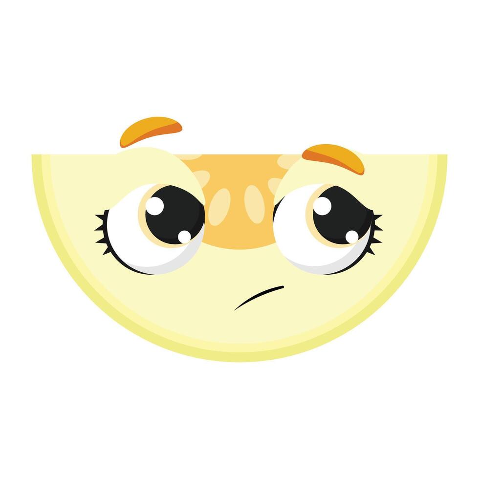 Cute melon slice with big round eyes and confused expression, perfect for kids graphics, stickers, food icons, and summer illustrations vector