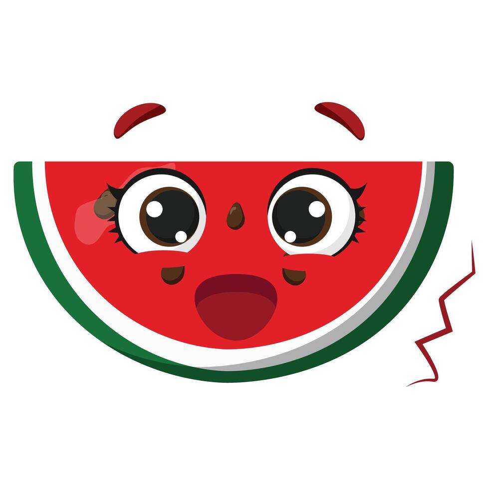 Cute watermelon slice with excited expression and big shiny eyes, perfect for summer designs, childrens content, and healthy food themes vector