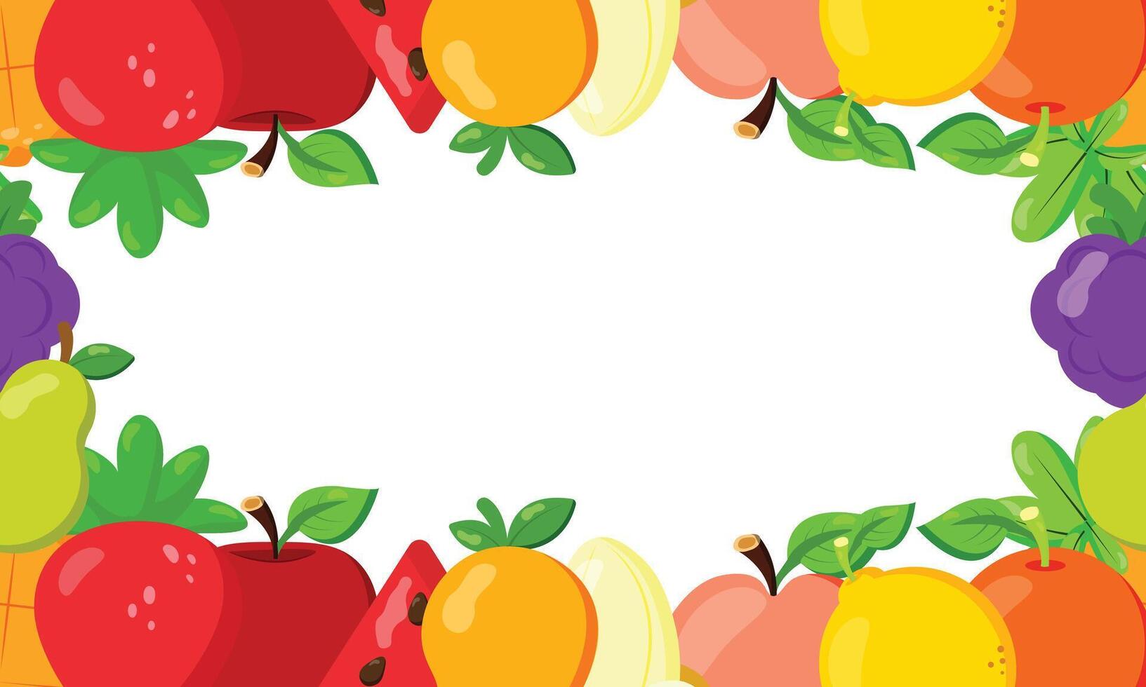 Colorful fruit frame with apples, bananas, grapes, oranges and more, perfect for banners, summer ads, healthy food promotions, juice packaging and kids menu design vector