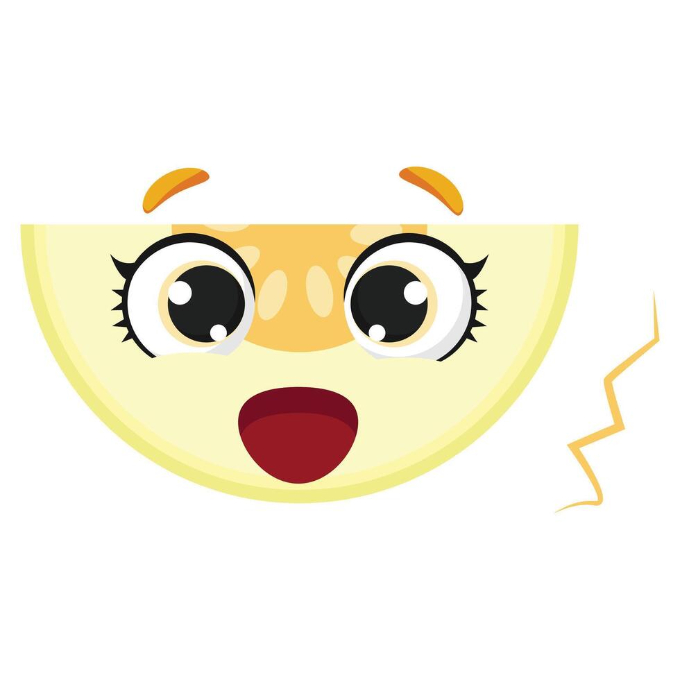 Happy melon slice with big shiny eyes and excited expression, ideal for kids designs, food art, stickers, and summer-themed projects vector