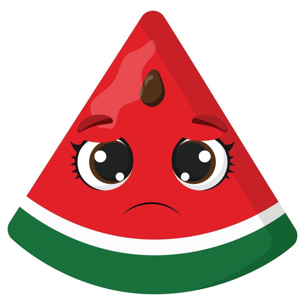 Sad watermelon slice with big eyes and emotional face, perfect for childrens projects, food branding, summer designs and educational materials vector