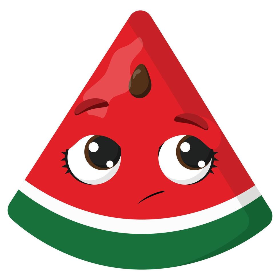 Watermelon slice with sad facial expression and big eyes, ideal for food-related designs, childrens content, summer projects and educational illustrations vector