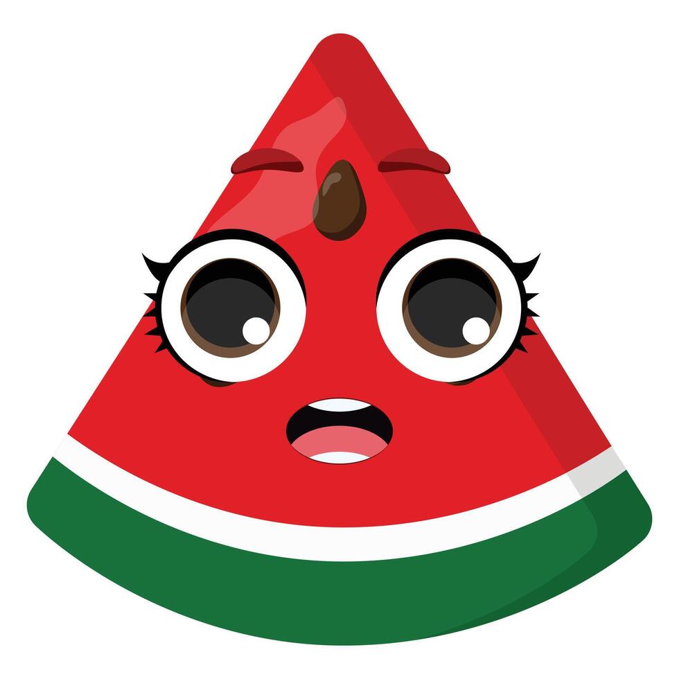 Happy watermelon slice with big eyes and surprised expression, ideal for children's prints, food designs, fun labels, and playful summer decorations vector