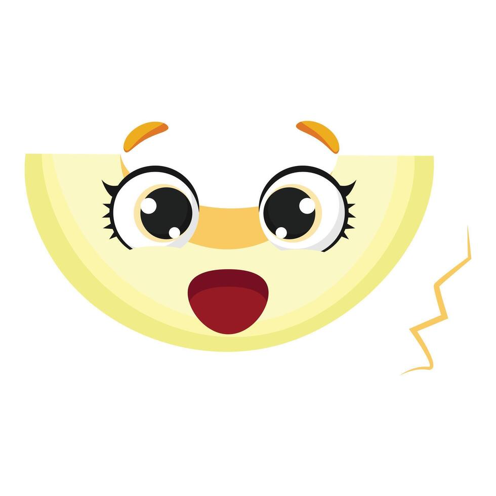 Happy melon slice with wide eyes and joyful face, perfect for childrens materials, food designs, packaging, and playful branding vector